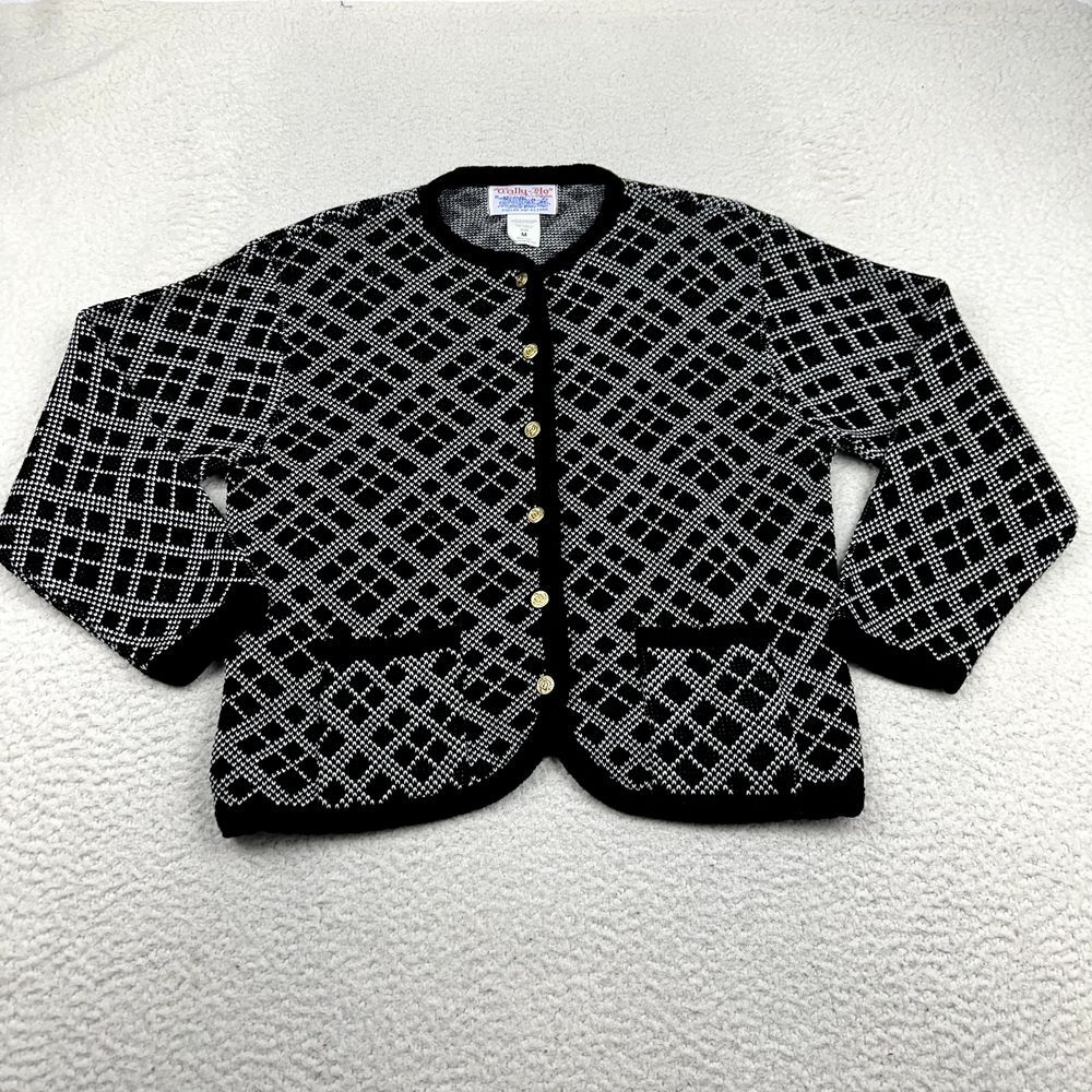 Vintage Tally Ho Cardigan Women's Medium Black Geometric Gold Button Knit Pollak